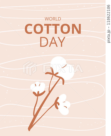 World cotton day banner template. Cotton branch emblem. Purity, innocence, and new beginnings symbols. Vector flat illustration. World cotton day banner template. Cotton branch emblem. Purity, innocence, and new beginnings symbols. Vector flat illustration. 118622186