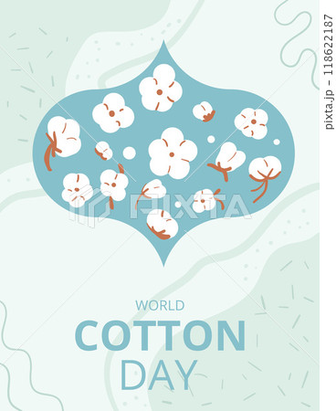 World cotton day banner template. Ripe cotton bolls damask emblem. Purity, innocence, and new beginnings symbols. Vector flat illustration. World cotton day banner template. Ripe cotton bolls damask emblem. Purity, innocence, and new beginnings symbols. Vector flat illustration. 118622187