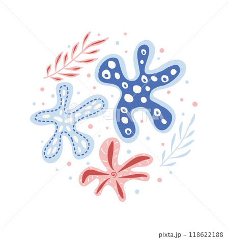 Organic shapes and leaves round emblem. Vector hand drawn collection illustration isolated on white background. Organic shapes and leaves round emblem. Vector hand drawn collection illustration isolated on white background. 118622188