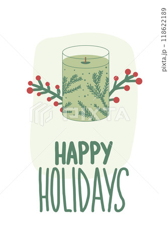 Happy Holidays greeting card with candle, berry branch and lettering. Winter festive poster. New year vertical banner. Christmas party flyer template. Vector hand drawn flat illustration Happy Holidays greeting card with candle, berry branch and lettering. Winter festive poster. New year vertical banner. Christmas party flyer template. Vector hand drawn flat illustration 118622189