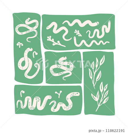 Patchwork green poster with snakes elements arranged in rectangular segments isolated on white background. Vector hand drawn illustration Patchwork green poster with snakes elements arranged in rectangular segments isolated on white background. Vector hand drawn illustration 118622191