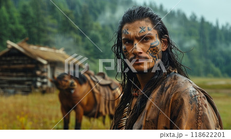 Native American Heritage Month. A cinematic photo of an American Indian man with long black hair and brown skin standing in front of his horse near the wooden hut. 118622201