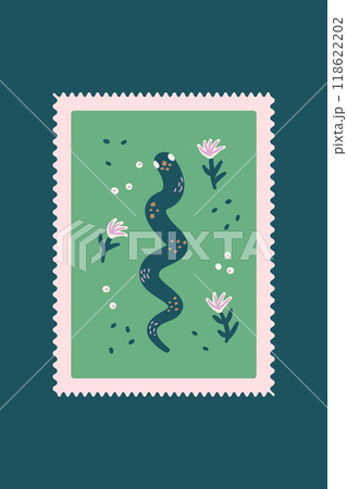 Snake poster. Reptile animals post stamp background. Dark card. Vector hand drawn flat illustration 118622202