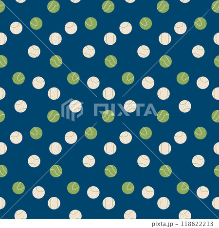 Tennis balls seamless pattern. Serve repeat background. Vector flat continuous surface design. Tennis balls seamless pattern. Serve repeat background. Vector flat continuous surface design. 118622213