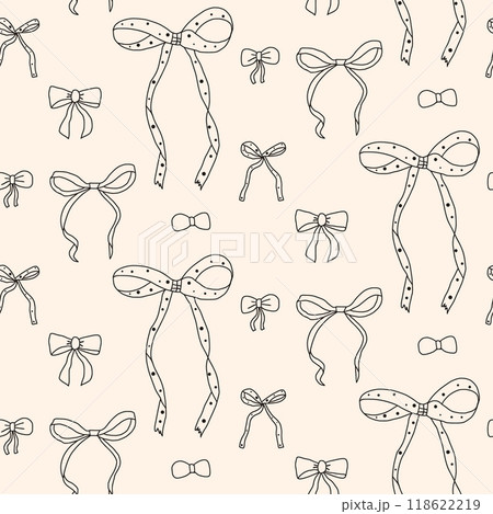 Bow seamless pattern. Decorative band endless background. Bowknot continuous ornament. Vector hand drawn doodle illustration. 118622219