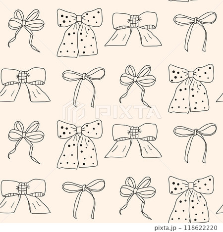 Bow doodle seamless pattern. Decorative band endless background. Coquet gift and present beauty accessories repeat cover. Bowknot continuous ornament. Vector hand drawn illustration. 118622220