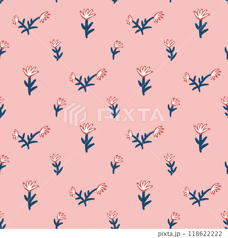 Flowers pink seamless pattern. Simple floral endless background. Stylized wildflower repeat cover. Vector hand drawn illustration. 118622222