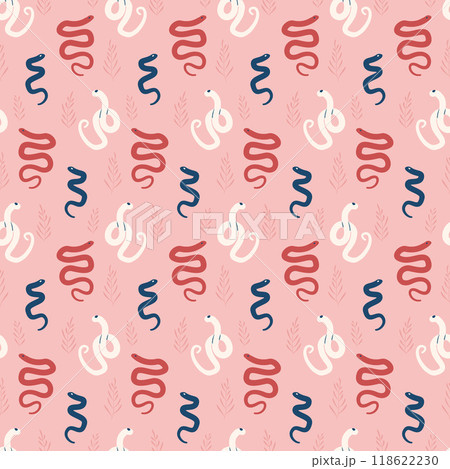 Snakes vibrant seamless pattern. Reptiles repeat background. Pink animal surface pattern design. Vector hand drawn flat illustration. 118622230