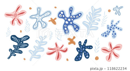 Organic shapes and leaves set. Vector hand drawn collection illustration isolated on white background. Organic shapes and leaves set. Vector hand drawn collection illustration isolated on white background. 118622234