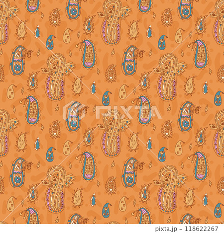 Paisley seamless pattern. Warm colors continuous ornament. Surface pattern design autumn motif. Vector hand drawn illustration. 118622267