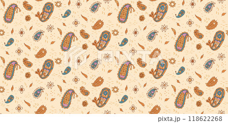 Modern paisley seamless pattern. Endless decor on beige background. Vector hand drawn flat illustration. 118622268