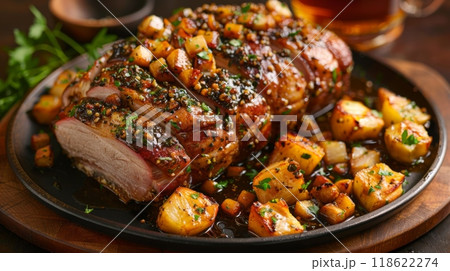 Cider . A Symphony of Flavors: Indulge in a pork roast glazed with cider, the sweet and tangy flavors of the cider enhancing the savory richness of the pork. 118622274