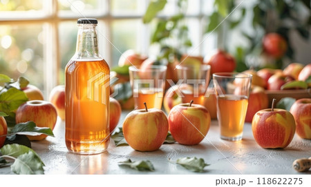 Cider. Top view of apple cider in a glass bottle and glasses on a white concrete table with copy space, in a flat lay 118622275
