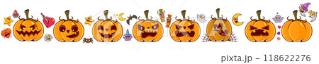 Set pumpkins on white transparent background. Orange pumpkins with smile, ghosts, spiders, witch hats for your design for the holiday Halloween. October holiday design elements. Vector illustration. 118622276
