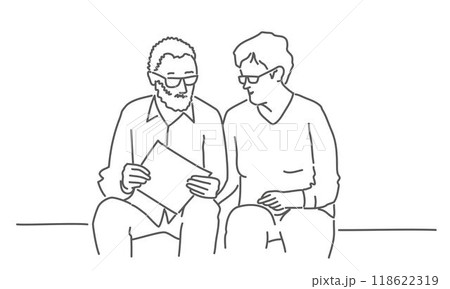 Two elderly people are sitting on a bench and looking at a piece of paper 118622319