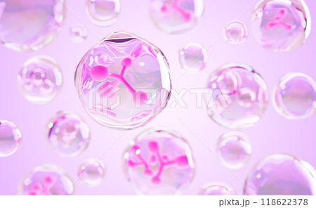 Abstract 3d pink background with collagen cell serum bubbles. Water molecules, hyaluronic acid or moisture essence drops, liquid transparent beauty cosmetic skin care product render. 3D illustration 118622378