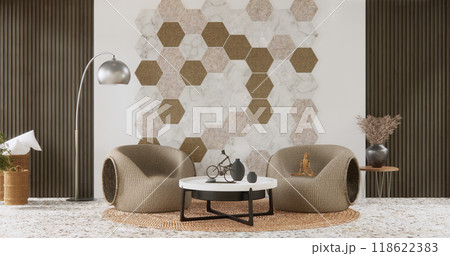 sofa and decoration plants on hexagon tiles wall Modern room minimalist.3D rendering 118622383