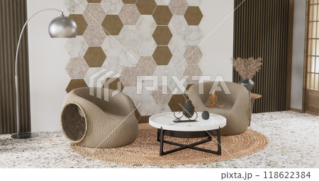 sofa and decoration plants on hexagon tiles wall Modern room minimalist.3D rendering 118622384
