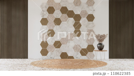 Empty room hexagon tiles wall on wooden floor, Modern room minimalist.3D rendering 118622385