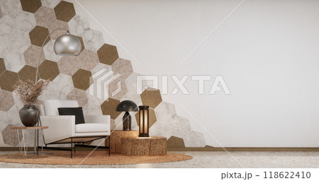 sofa and decoration plants on hexagon tiles wall Modern room minimalist.3D rendering sofa and decoration plants on hexagon tiles wall Modern room minimalist.3D rendering 118622410