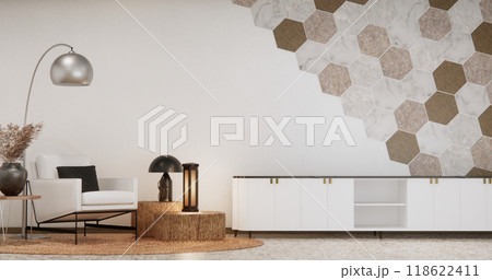 Mockup Cabinet on living room modern style with hexagon tiles wall background.3D rendering 118622411