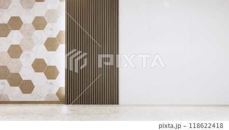 Empty room hexagon tiles wall on wooden floor, Modern room minimalist.3D rendering 118622418