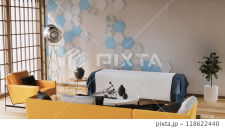 mockup Blue concept living room modern style with hexagon tiles wall background.3D rendering 118622440