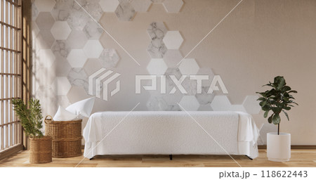 Mockup Cabinet on living room modern style with hexagon tiles wall background.3D rendering 118622443