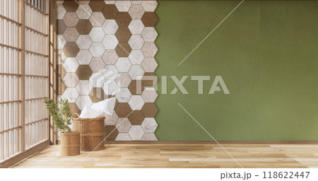 Mockup green hexagon tiles wall on Modern room minimalist.3D rendering Mockup green hexagon tiles wall on Modern room minimalist.3D rendering 118622447