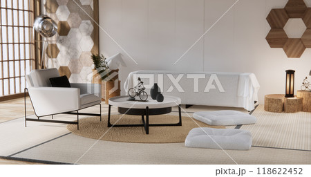 sofa and decoration plants on hexagon tiles wall Modern room minimalist.3D rendering 118622452