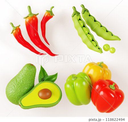 3d set of fruits and vegetables cartoon render icon. Avocado, green peas, yellow bell pepper and red chili on white background. Healthy food, organic products, isolated design element. 3D illustration 3d set of fruits and vegetables cartoon render icon. Avocado, green peas, yellow bell pepper and red chili on white background. Healthy food, organic products, isolated design element. 3D illustration 118622494