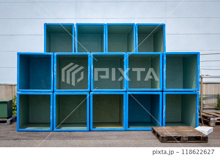 Blue wooden container boxes at harbour, Kanazawa, Japan Blue wooden container boxes at harbour, Kanazawa, Japan 118622627