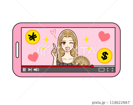 ライブ配信して投げ銭とスパチャを稼ぐ大人女性のイラスト素材 ライブ配信して投げ銭とスパチャを稼ぐ大人女性のイラスト素材 118622667