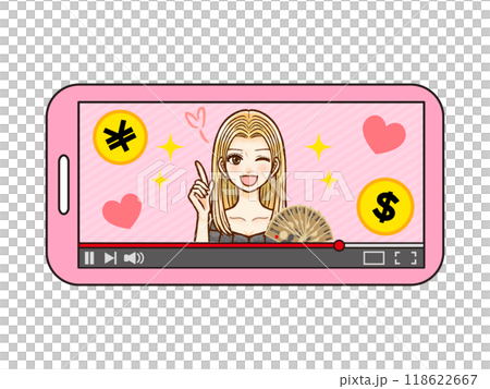 ライブ配信して投げ銭とスパチャを稼ぐ大人女性のイラスト素材 ライブ配信して投げ銭とスパチャを稼ぐ大人女性のイラスト素材 118622667