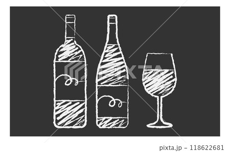 ワインのボトルとグラスのチョークイラスト 118622681