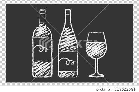 ワインのボトルとグラスのチョークイラスト 118622681