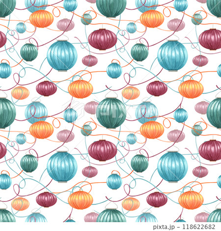 Happy Diwali festival of lights seamless pattern. Intertwining ribbons and floating multicolored Asian lantern watercolor illustration. Ornate for festive designs and celebrations Happy Diwali festival of lights seamless pattern. Intertwining ribbons and floating multicolored Asian lantern watercolor illustration. Ornate for festive designs and celebrations 118622682
