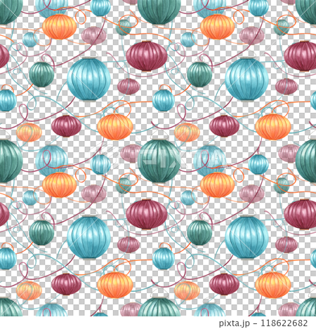 Happy Diwali festival of lights seamless pattern. Intertwining ribbons and floating multicolored Asian lantern watercolor illustration. Ornate for festive designs and celebrations Happy Diwali festival of lights seamless pattern. Intertwining ribbons and floating multicolored Asian lantern watercolor illustration. Ornate for festive designs and celebrations 118622682