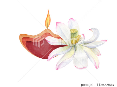 Oil Diya Lamp with burning yellow flame and white lotus flower watercolor illustration. Traditional Happy Diwali festival card. Holiday glowing candle for religious celebration Oil Diya Lamp with burning yellow flame and white lotus flower watercolor illustration. Traditional Happy Diwali festival card. Holiday glowing candle for religious celebration 118622683