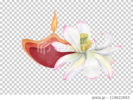 Oil Diya Lamp with burning yellow flame and white lotus flower watercolor illustration. Traditional Happy Diwali festival card. Holiday glowing candle for religious celebration Oil Diya Lamp with burning yellow flame and white lotus flower watercolor illustration. Traditional Happy Diwali festival card. Holiday glowing candle for religious celebration 118622683
