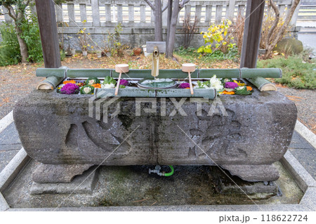 Hand-washing basin, chouzubachi in Japanese, at shrine, with flowers and petals. Kanazawa, Ishikawa, Japan 118622724