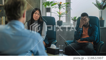 Asian woman talks about relationship. Multiethnic family on counseling session 118622807