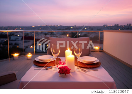 Roof terrace with festive table setting for romantic dinner by candlelight with city view. Decorations for Valentine's Day, Engagement, Date 118623047