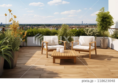 Cozy outdoor roof terrace with armchairs and potted plants 118623048