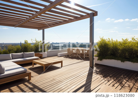 Cozy outdoor roof terrace with pergola and potted plants in minimal style 118623080