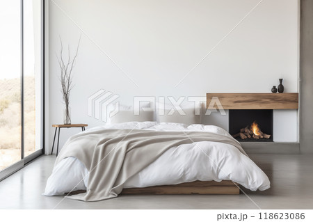 Bedroom with a fireplace and large window in minimal style 118623086