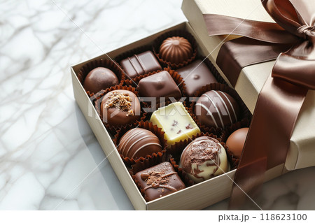 Luxury set of handmade chocolates in a gift box decorated with brown silk ribbon 118623100