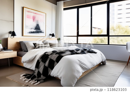 Modern Bedroom with large window in Scandinavian style Modern Bedroom with large window in Scandinavian style 118623103