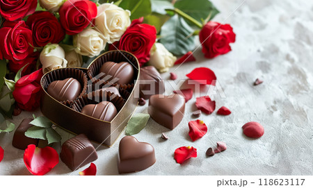 Luxury valentine chocolates in heart shaped gift box and red roses, copy space Luxury valentine chocolates in heart shaped gift box and red roses, copy space 118623117
