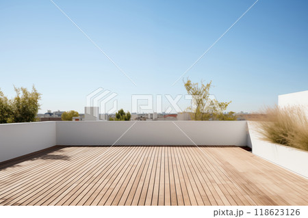 Empty outdoor roof terrace with potted plants in minimal style 118623126